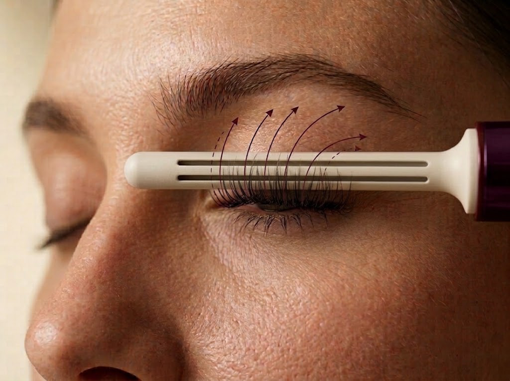 Air drawing the lashes up and around the barrel, flowing away from the eye